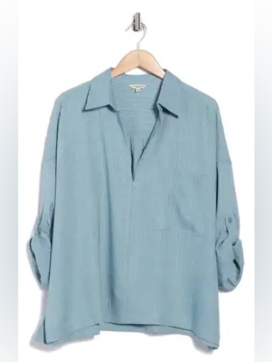 Max Studio Tops - Max Studio London Women’s 2X Light Blue Textured Roll Tab Sleeve Shirt NWT